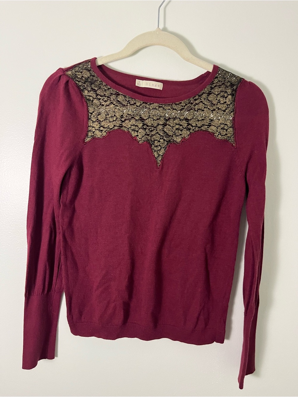hinge Wine Crewneck Sweater with Gold Lace Yoke